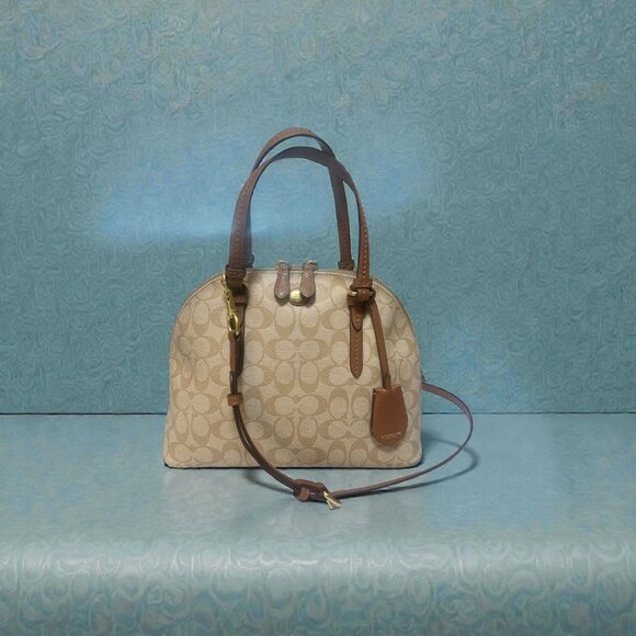 Coach Peyton Signature Cora Domed Satchel F24606 Khaki Coated Canvas Convertible - Picture 2 of 10